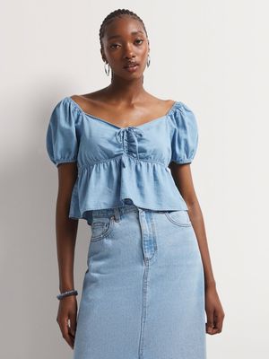 News Denim Puff Sleeve Tie Front Top