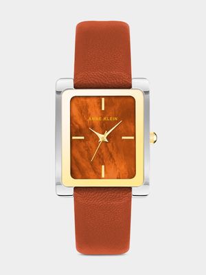 Anne Klein Silver & Gold Plated Rectangular Rust Leather Watch