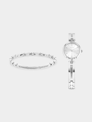 Tempo Women’s Silver Plated Bracelet Watch & Bracelet Set