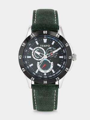 Tempo Black Plated Green Dial Green Leather Watch