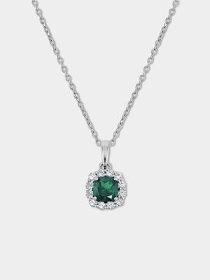 Sterling Silver Diamond & Created Emerald Cushion Halo Pendant