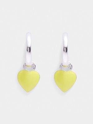 Rhodium Plated Brass Huggies with Yellow Enamel Heart Charm