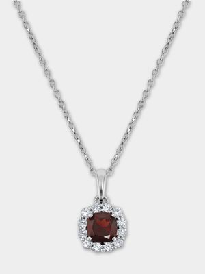 Sterling Silver Diamond & Garnet Cushion Halo Pendant