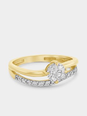 Yellow Gold Cubic Zirconia Solitaire Wave Ring