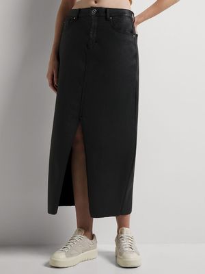 News Denim Coated Front Slit Midi Skirt