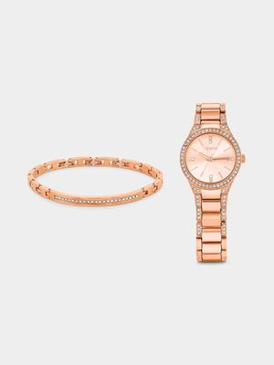 Tempo Women’s Rose Plated Bracelet Watch & Bracelet Set