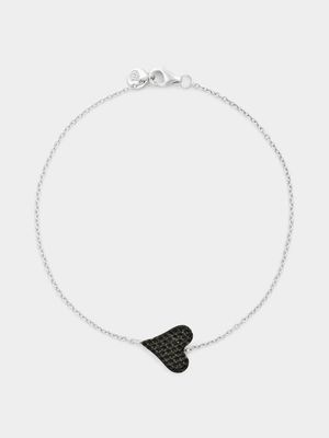 Sterling Silver Black Cubic Zirconia Sideways Heart Bracelet