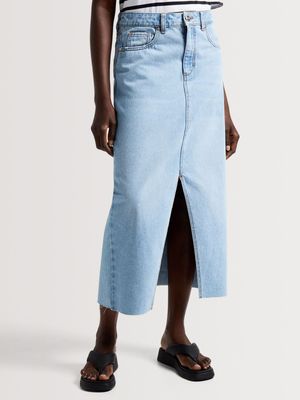 News Denim Front Slit Midi Skirt