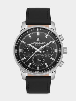 Daniel Klein Silver Plated Black Leather Chronographic Watch