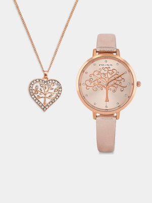 Minx Women’s Rose Plated Light Brown Faux Leather Watch & Tree Of Life Pendant Set