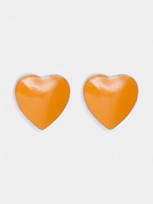 Rhodium Plated Brass & Orange Enamel Heart Stud Earrings