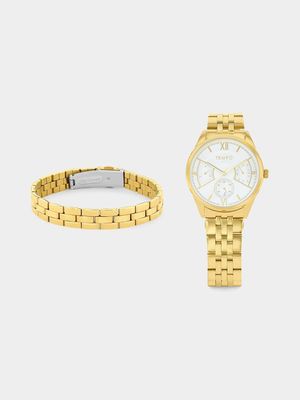 Tempo Gold Plated Silver Dial Bracelet Watch & Bracelet Set