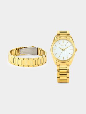 Tempo Men’s Gold Plated Bracelet Watch & Bracelet Set