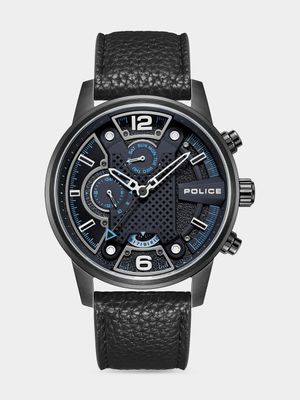 Police Lanshu Gunmetal Plated Blue & Black Dial Black Leather Watch