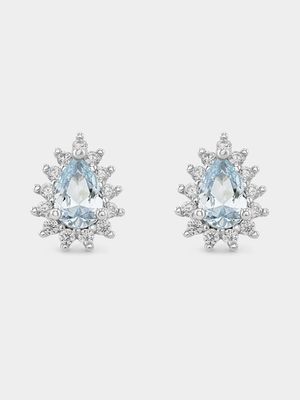 Sterling Silver Aquamarine Cubic Zirconia Pear Halo Stud Earrings