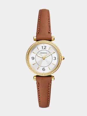 Fossil Carlie Gold Plated Stainless Steel Brown Leather Watch