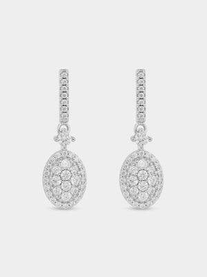 Sterling Silver Cubic Zirconia Multi-Stone Oval Halo Drop Earrings