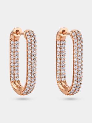 Rose Gold Plated Cubic Zirconia Women’s Long Oval Hoop Drop Earrings