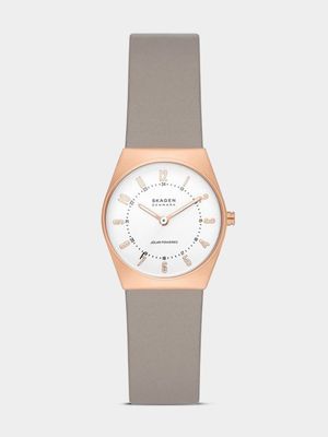 Skagen Women's Grenen Lille Solar Powered Stainless Steel and Grey Leather Watch