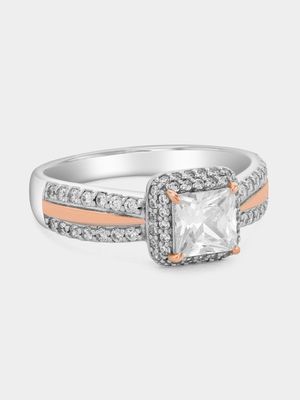 Cheté Rose Plated Sterling Silver Cubic Zirconia Princess Halo Ring