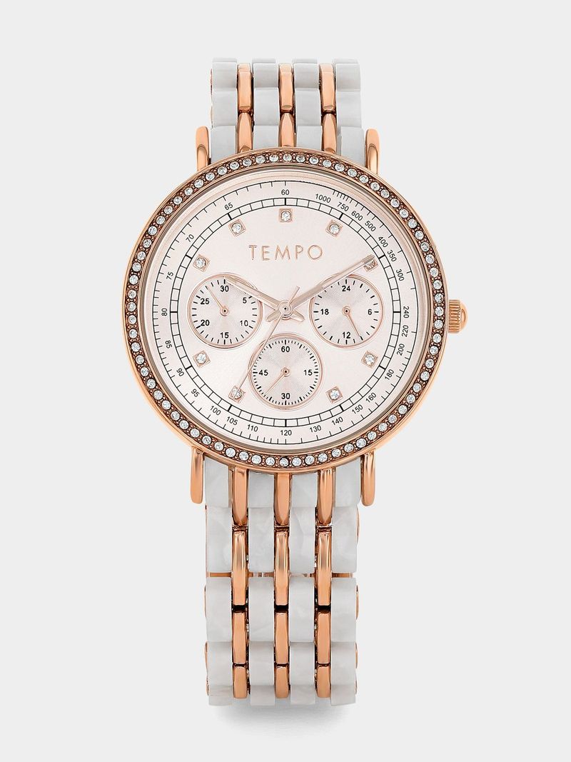 Tempo Premium Rose Plated Two Tone Beige Marble Bracelet Watch Bash