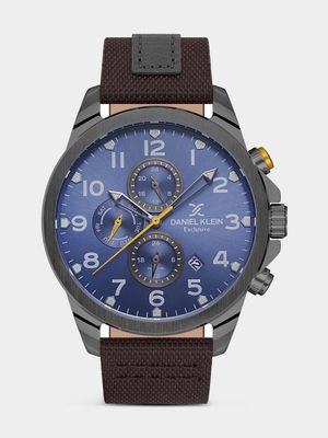 Daniel Klein Gunmetal Plated Blue Dial Brown & Grey Leather Watch