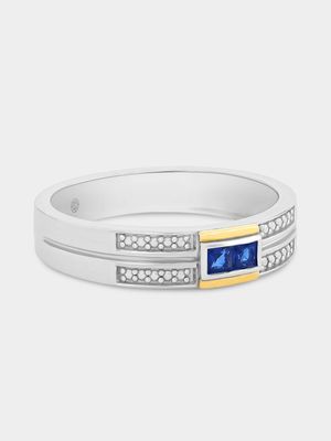 Silver & Yellow Gold Created Blue Sapphire Men's Wedding Band