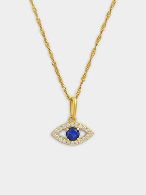 Yellow Gold Blue Cubic Zirconia Solitaire Evil Eye Pendant on a Sterling Silver and Gold chain.