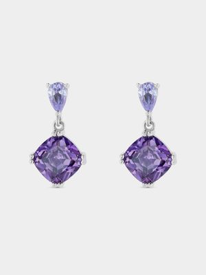 Sterling Silver Amethyst Cubic Zirconia Cushion & Pear Drop Earrings