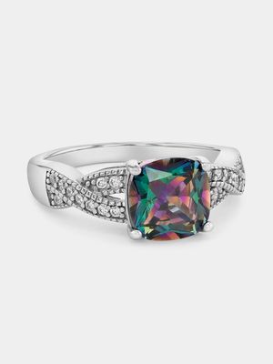 Sterling Silver Multicolour Cubic Zirconia Cushion Twist Ring