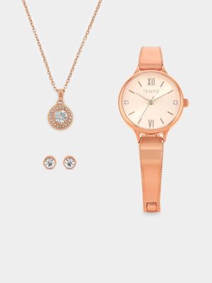 Tempo Rose Plated Bangle Watch, Pendant & Stud Earrings Gift Set