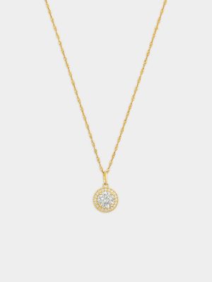 Yellow Gold Cubic Zirconia Round Halo Pendant on Chain.