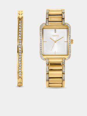 Tempo Ladies Gold & Silver Plated Crystal Bracelet Watch Set