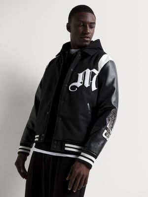 Men's Markham Melton Pu Varsity Black Bomber Jacket