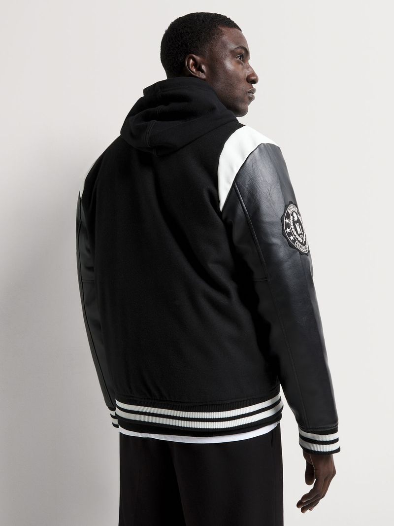 Men's Markham Melton Pu Varsity Black Bomber Jacket - Bash.com