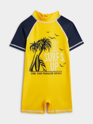 Jet Younger Boys Mustard Surfs Up Rushguard 1 Piece Swim Suit