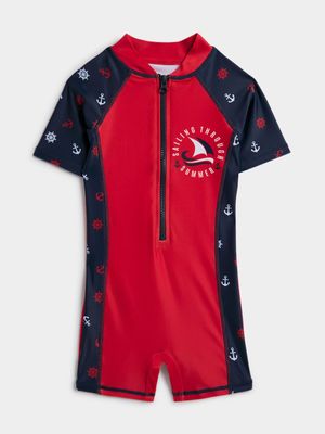 Jet Younger Boys Red/Navy Sailing Rushguard 1 Piece Swim Suit