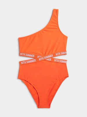 Jet Older Girls Orange Slogan Tape 1 Piece Swim Suit