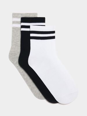 Boy's White, Black & Grey 3-Pack Sport Socks