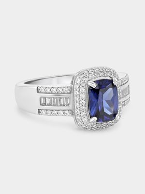 Sterling Silver Sapphire Blue Cubic Zirconia Emerald Halo Ring