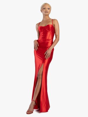 Women's Sissy Boy Red Shiny Caged Corset  Maxi Dress