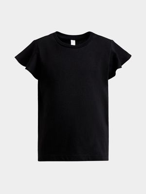 Younger Girl's Black Flutter Sleeve T-Shirt