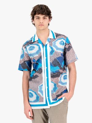 Men's Rosey & Vittori Blue & White Satin Placement Border Shirt