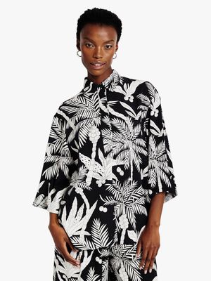 Women's Me&B White Lotus Kimono Sleeve Printed Boxy Shirt