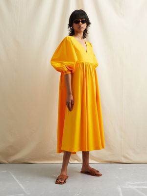 Women's Canvas V- neck Poplin Tunic Dress Tumeric