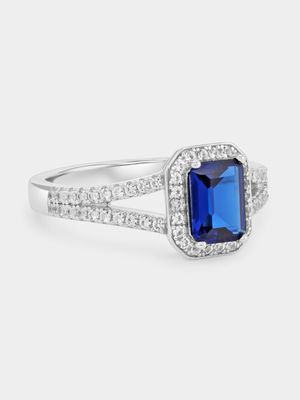 Sterling Silver Diamond & Created Blue Spinel Rectangle Halo Ring