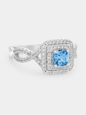 Sterling Silver Diamond & Created Aquamarine Spinel Cushion Halo Ring