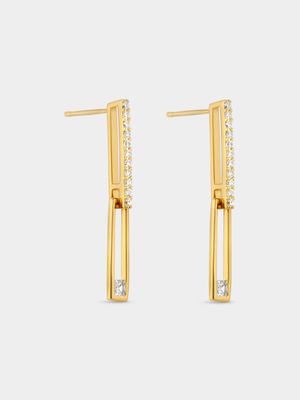 Gold Plated Sterling Silver Cubic Zirconia Bar Paperclip Drop Earrings