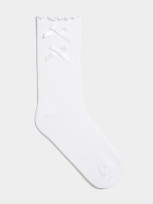 Women's White Bow Lettuce Edge Socks