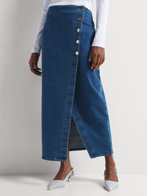 News Denim Wrap Maxi Skirt